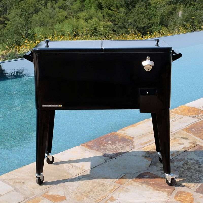 80qt Portable Rolling Patio Cooler - Black - Permasteel: Outdoor Cooler Cart with Stay Up Lid & Bottle Opener