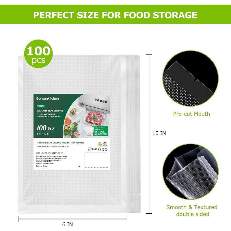 Bonsenkitchen Precut Vacuum Food Sealer Bags 100 Pint 6" x 10", BPA Free, Commercial Grade Textured, Food Storage, Sous Vide Cooking