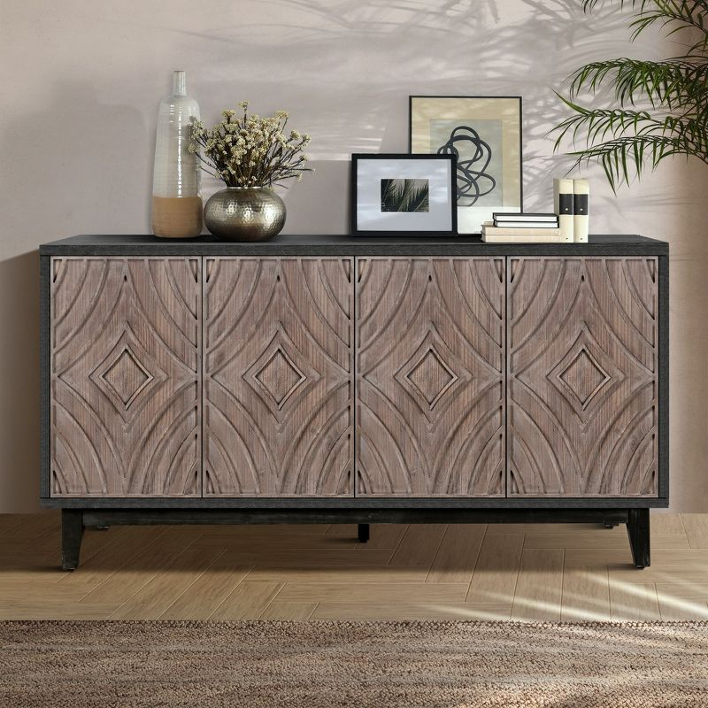 60" Mid Century Sideboard Buffet Kitchen Storage Cabinet, with 4 Convex pattern diamond Doors and 2 Shelves Accent, for Entrance, Hall, Antique Brown