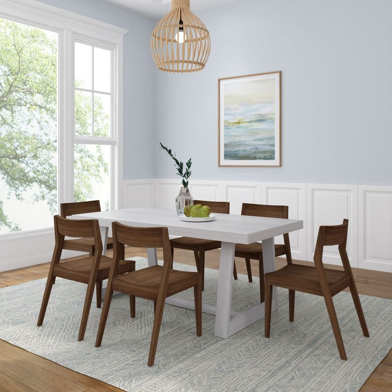 Plank+Beam 72" Classic Solid Wood Dining Table Set with 6 Walnut Chairs, White Wirebrush