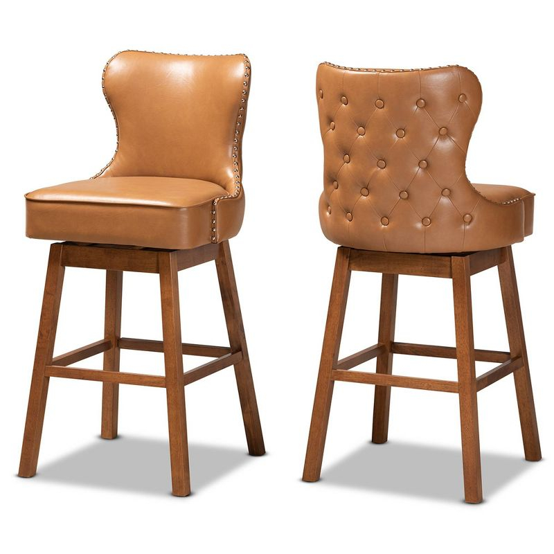 2pc Gradisca Tan Wood Swivel Barstool Set Brown - Baxton Studio: Upholstered, Nailhead Trim, Rectangle Shape