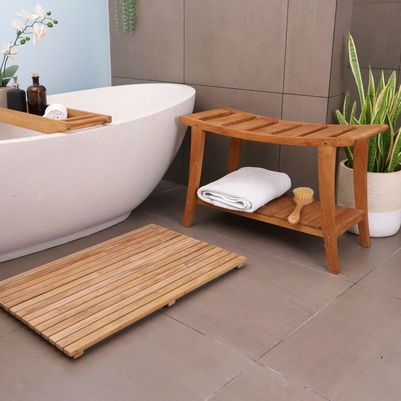 Nordic Teak 30" Asian Style Shower Bench with Shelf - Beige