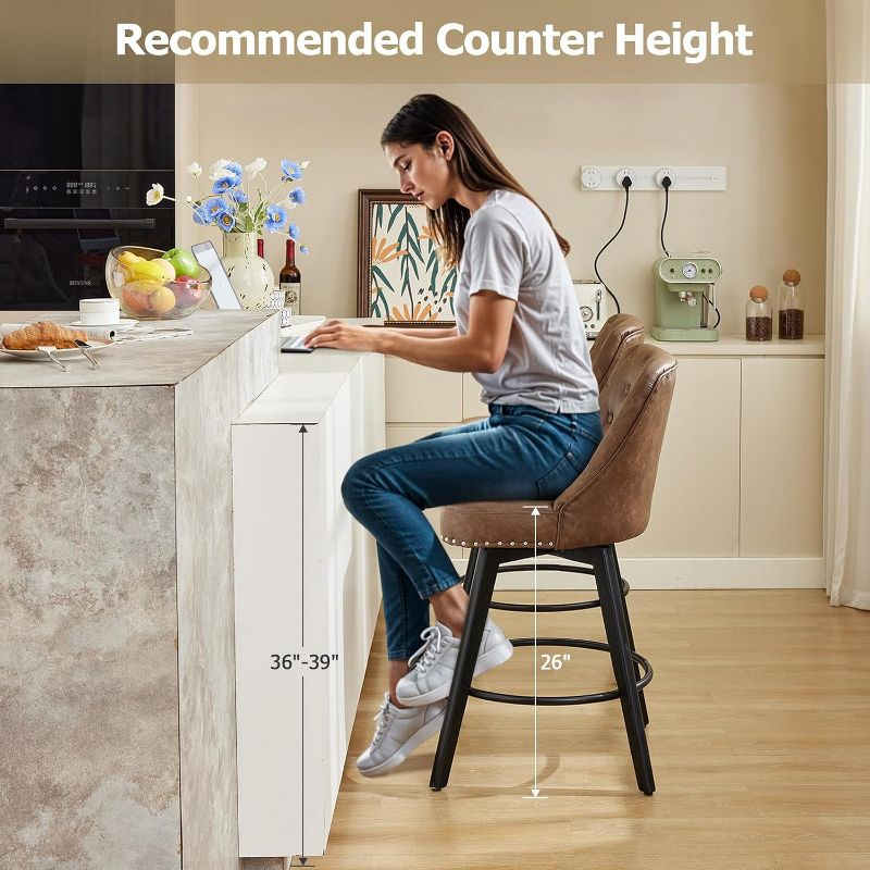 Counter Bar Stools Set of 2, Modern Swivel Bar Stools with Back and Wood Legs, 26" H Upholstered Bar Chair for Kitchen Island Home Bar, Leather Brown