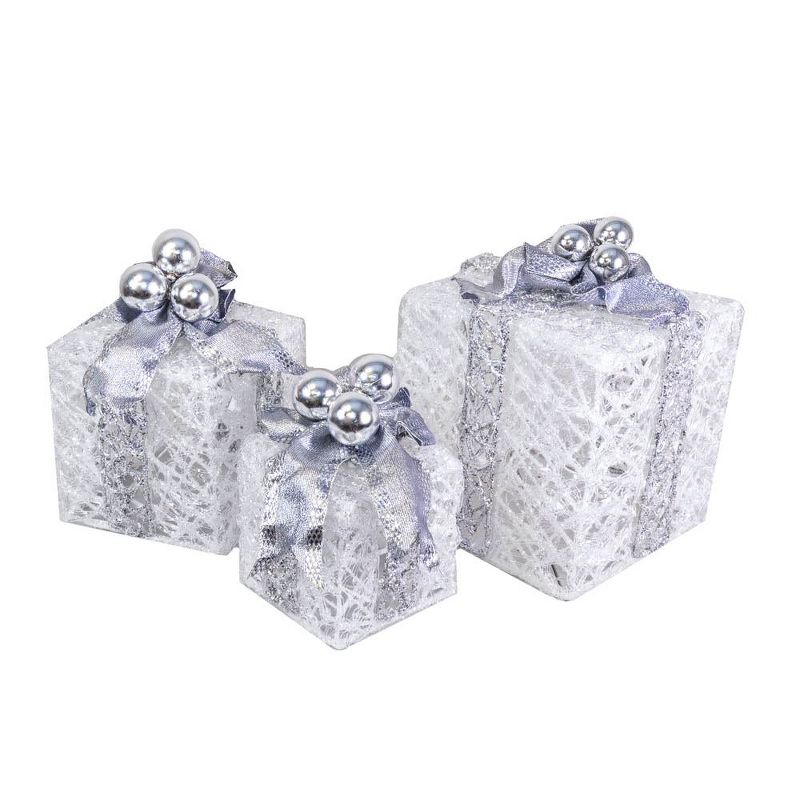 Novelty Lights LED Pre-Lit Twinkle Glittered White Gift Boxes at Christmas for Under Tree Decoration, 70 lights, Pure White, Set of 3