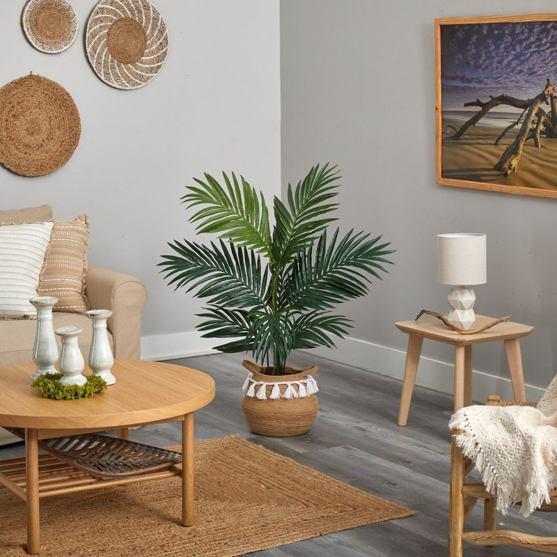 Nearly Natural 4-ft Kentia Palm Artificial Tree in Boho Chic Handmade Natural Cotton Woven Planter with Tassels