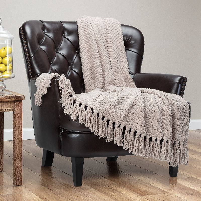 Chanasya Textured Knit Throw Blanket with Tassels - 50" x 65” - Taupe