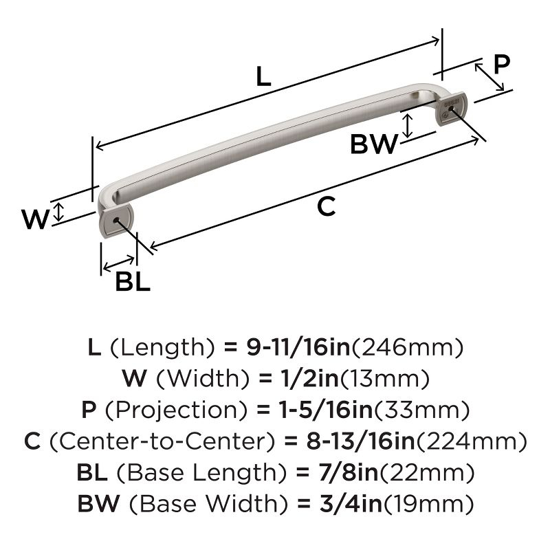 Amerock Surpass 8-13/16 inch (224mm) Center-to-Center Satin Nickel Cabinet Pull