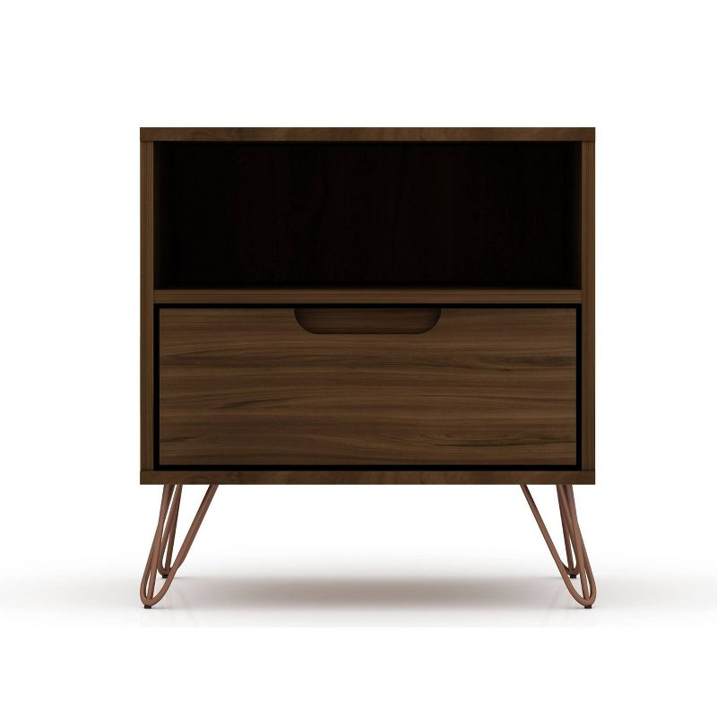 1.0 Rockefeller Nightstand Brown - Manhattan Comfort: Modern Bedside Table with Storage, Shelving & Metal Glides