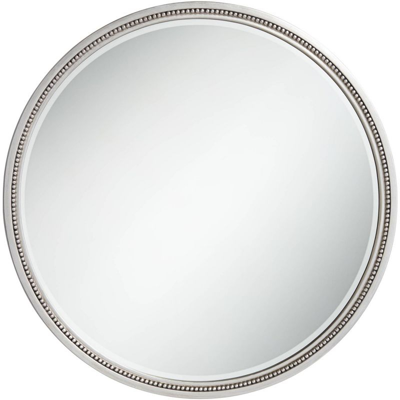 Noble Park Lorraine Round Vanity Decorative Wall Mirror Modern Beveled Beaded Trim Silver Wood Frame 32 3/4" Wide for Bathroom Bedroom Living Room