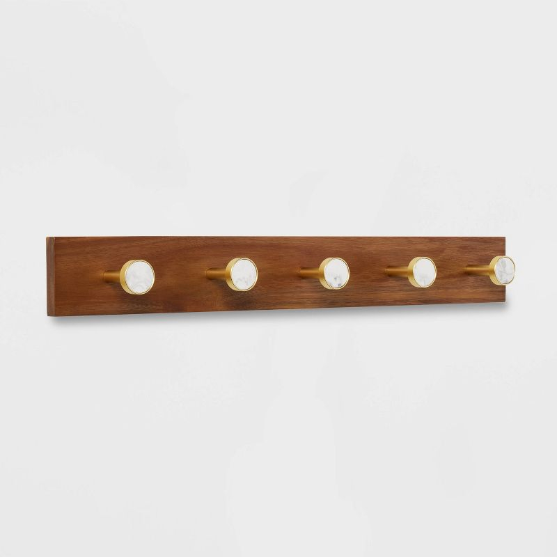 Metal and Faux Marble 5 Gold Hooks Rail on Acacia Wood - Threshold™: Wall Mounted Decorative Hook Racks, Coat Hooks