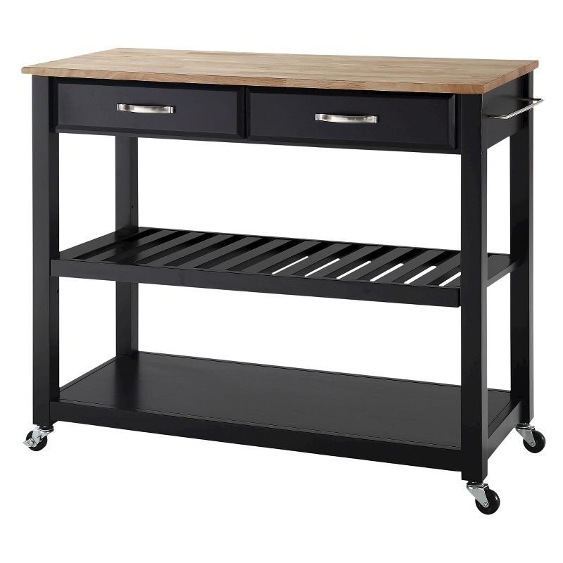 Natural Wood Top Kitchen Cart/Island with Optional Stool Storage - Black - Crosley: Solid Hardwood, Adjustable Shelf, Wheeled