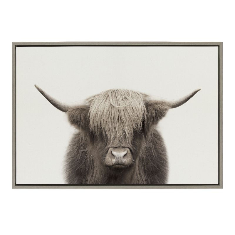 Kate and Laurel Sylvie Hey Dude Highland Cow Color Framed Canvas by The Creative Bunch Studio, 23x33, Gray