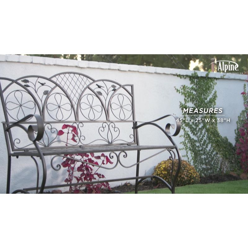 38" x 45" Iron Birds and Leaves Outdoor Garden Bench Brown - Alpine Corporation: Weatherproof, Decorative Yard Seating