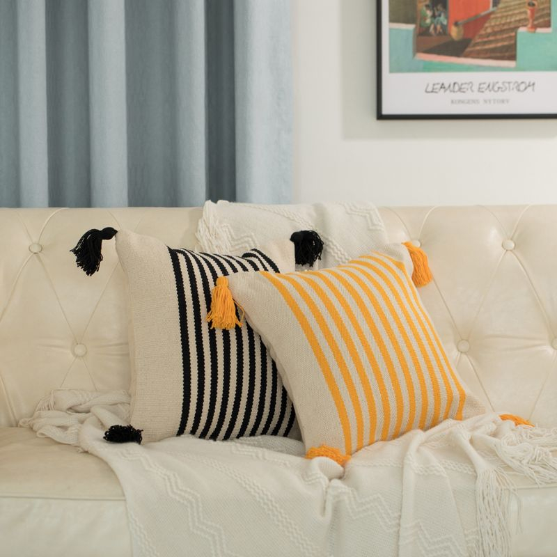DEERLUX 16" Handwoven Cotton Throw Pillow Cover with Insert, Striped Lines with Filler, Yellow
