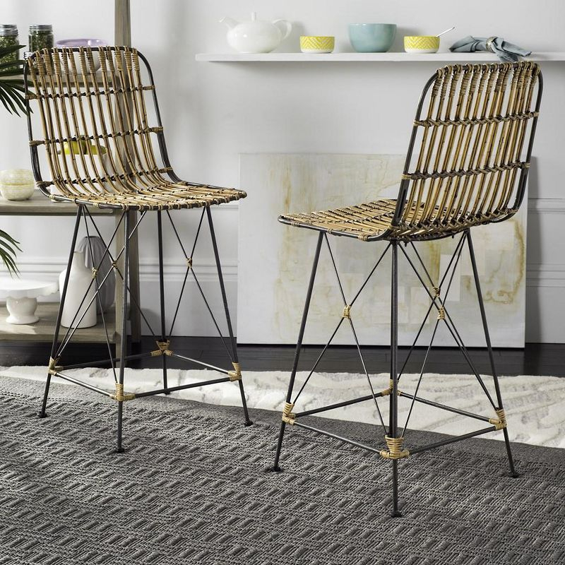 Minerva Wicker Counter Stool (Set of 2)  - WIK6509 - Natural Brown Wash/Black - Safavieh