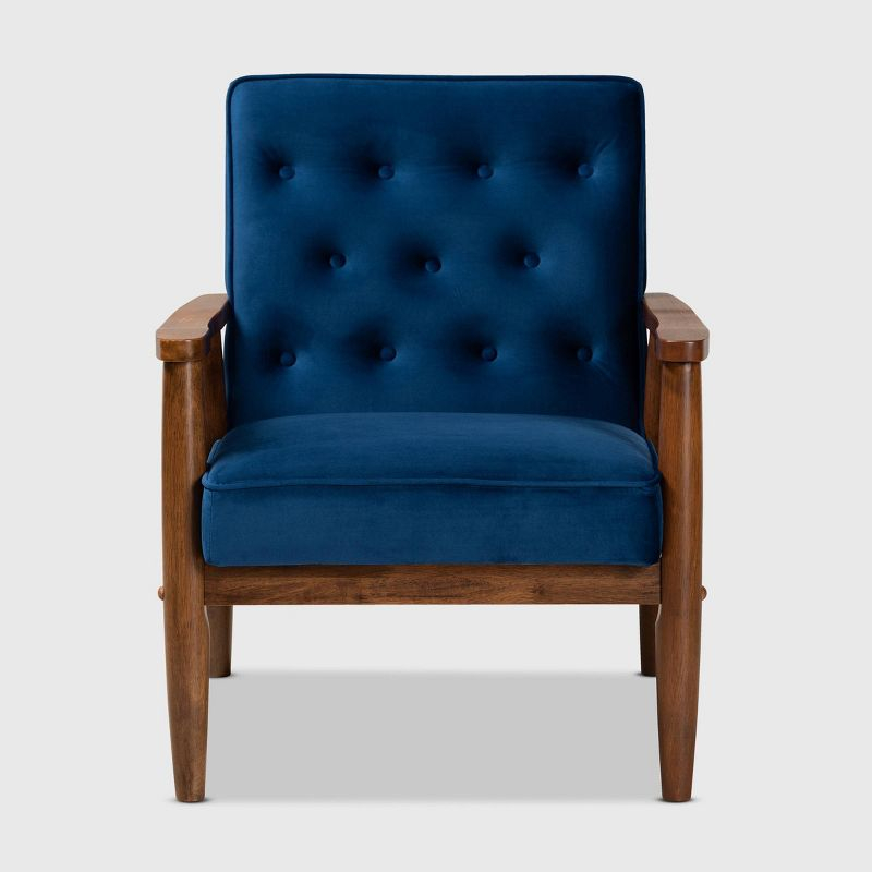 Sorrento Velvet Upholstered Wooden Lounge Chair Navy Blue/Brown - Baxton Studio: Mid-Century Modern, Button-Tufted, Danish Design