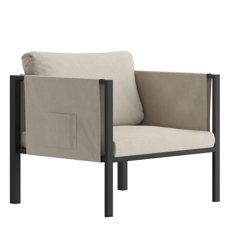 Flash Furniture Lea Indoor/Outdoor Patio Chair with Cushions - Modern Steel Framed Chair with Storage Pockets, Black with Beige Cushions