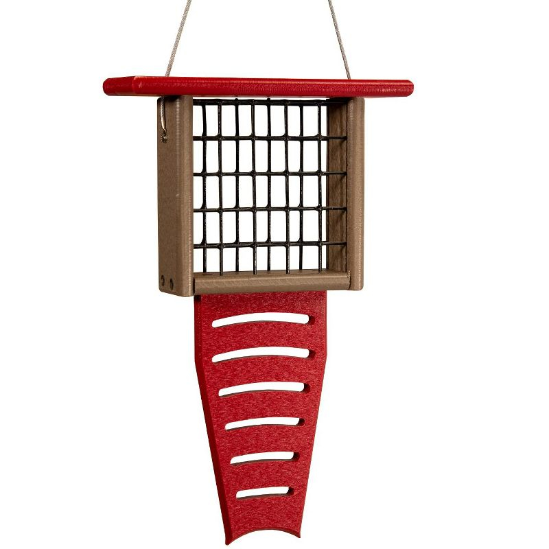 JCs Wildlife Red/Tan Recycled Poly Lumber Single Suet Feeder Tail Prop Bird Feeder - Holds 1 Suet Cake - Long Lasting Suet Cage Feeder