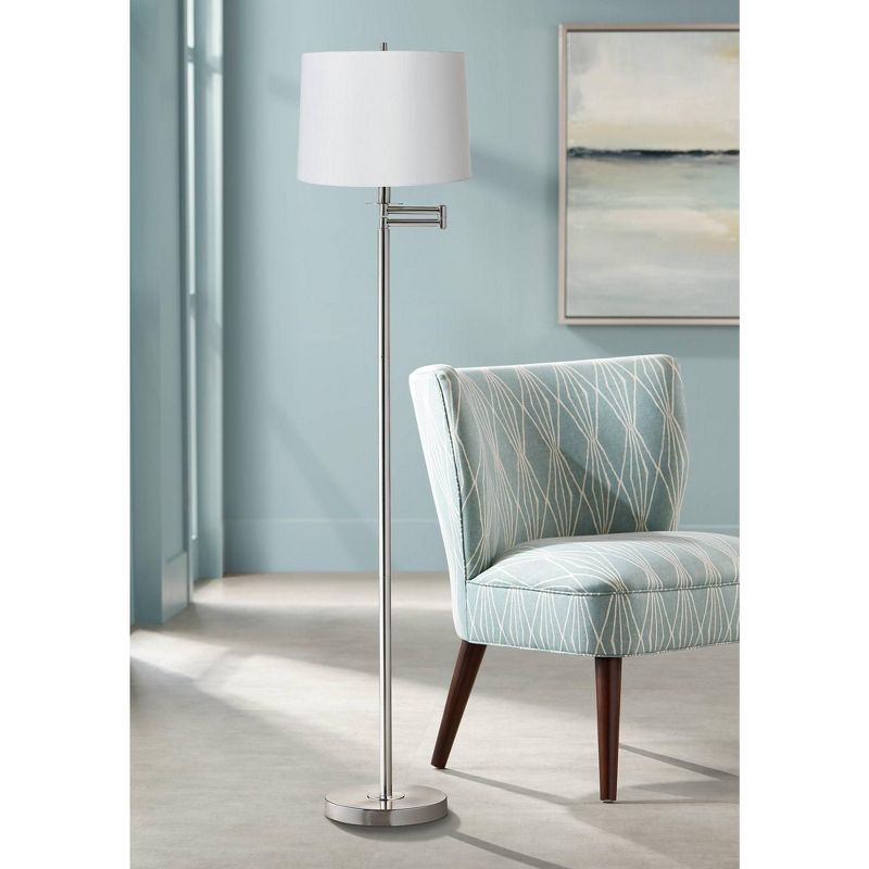 360 Lighting Modern Swing Arm Floor Lamp 60.5" Tall Brushed Nickel White Hardback Drum Shade for Living Room Reading Bedroom Office