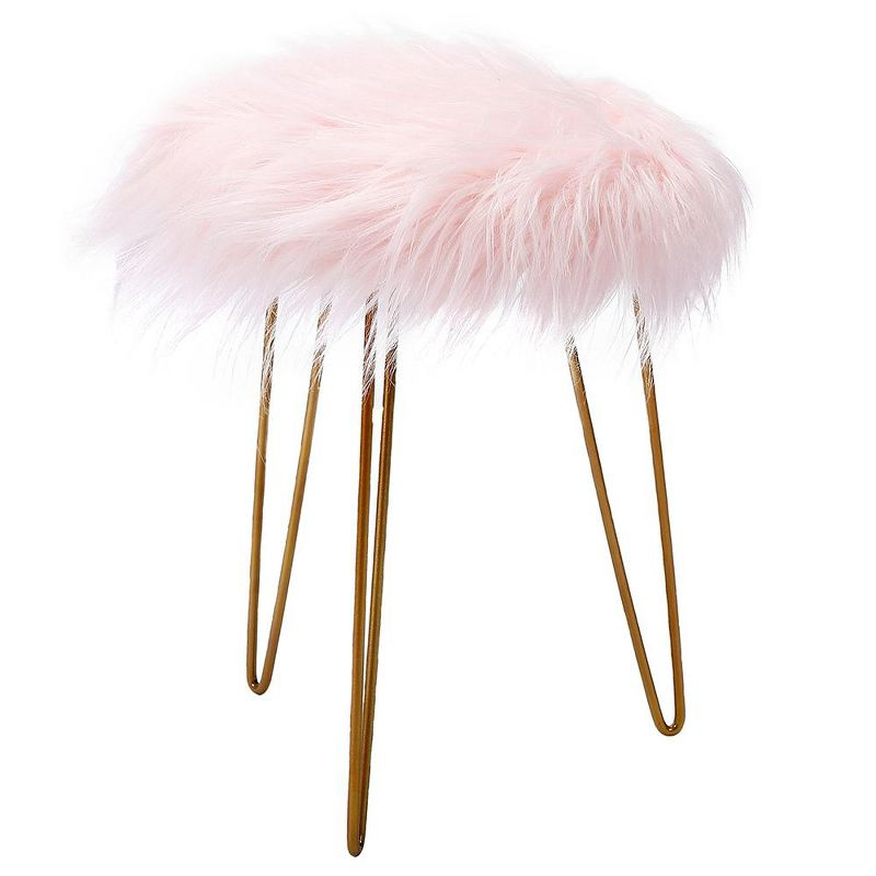 BirdRock Home Round Faux Fur Foot Stool Ottoman - Pink with Pale Gold Legs