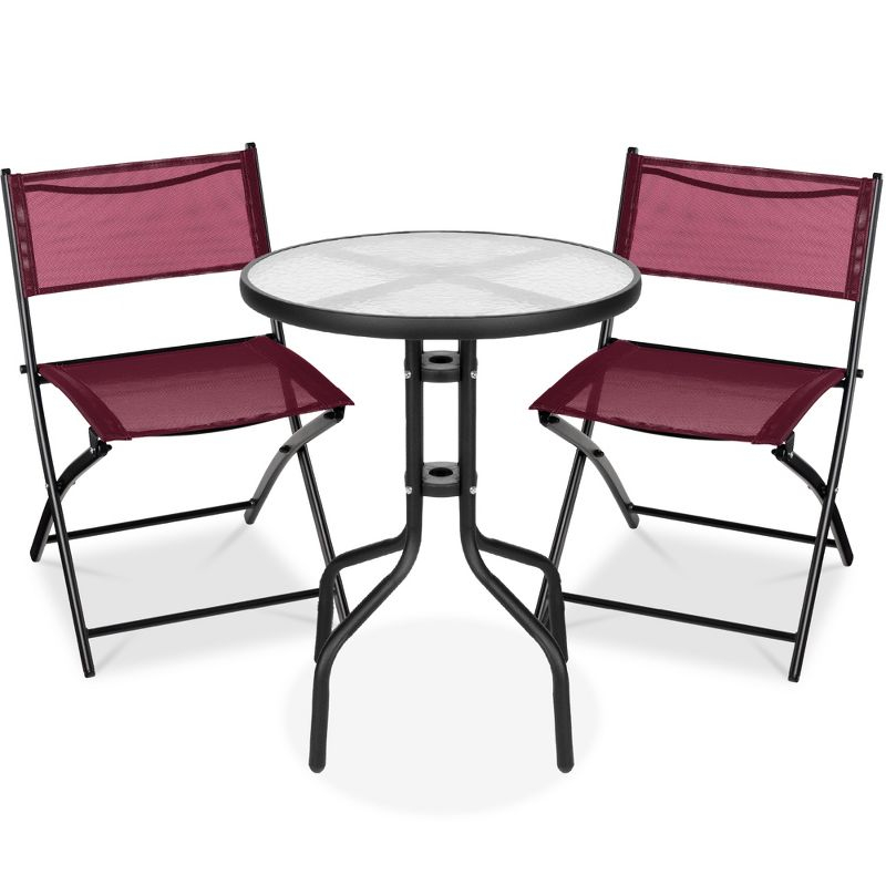 Best Choice Products 3-Piece Patio Bistro Dining Furniture Set w/ Glass Tabletop, Folding Chairs - Burgundy
