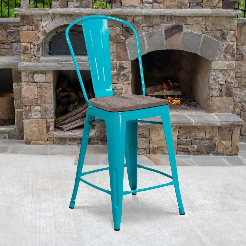 Flash Furniture 24" High Crystal Teal-Blue Metal Counter Height Stool with Back and Wood Seat