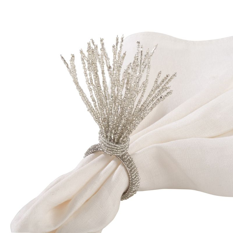 Saro Lifestyle Beaded Spray Design Wedding Special Event Napkin Ring (Set of 4), Silver