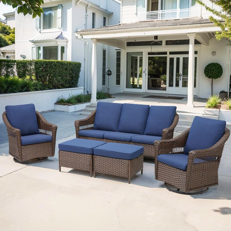 Buenhomino 5-Piece Patio Set, Wicker Sofa, Swivel Lounge Chairs & Ottomans, All-Weather PE Rattan with Cushions for Deck, Porch, or Garden