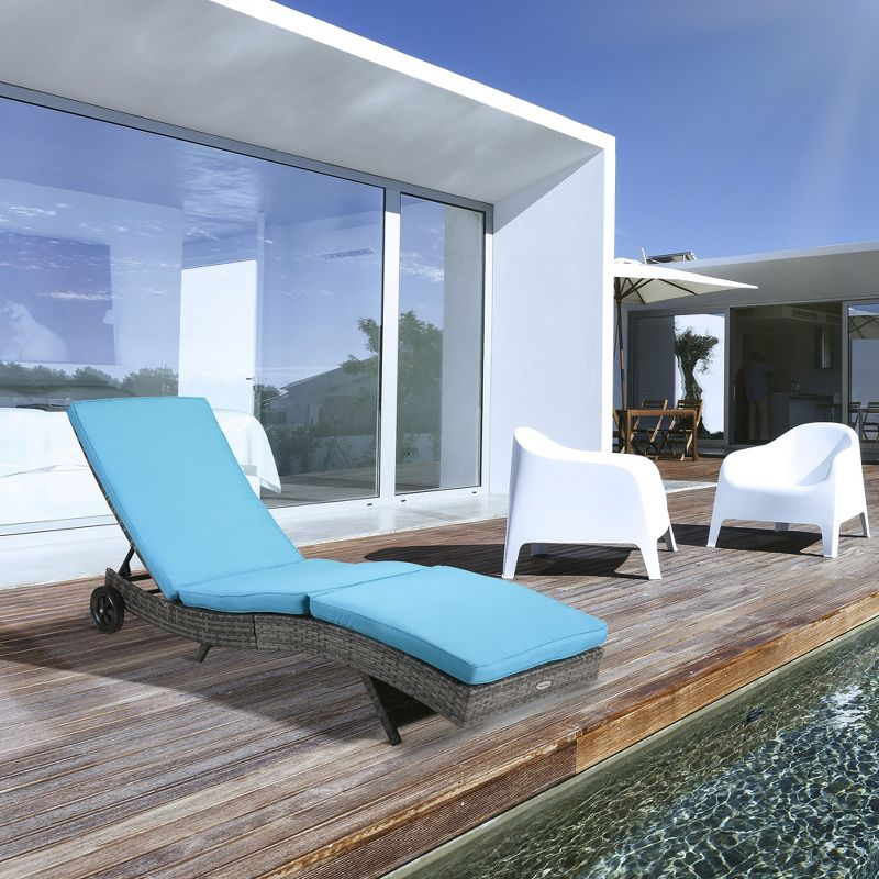 Outsunny Patio Wicker Chaise Lounge Chair, Outdoor PE Rattan Sun lounger w/ 5-Level Adjustable Backrest & 2 Wheels for Easy Movement, Sky Blue