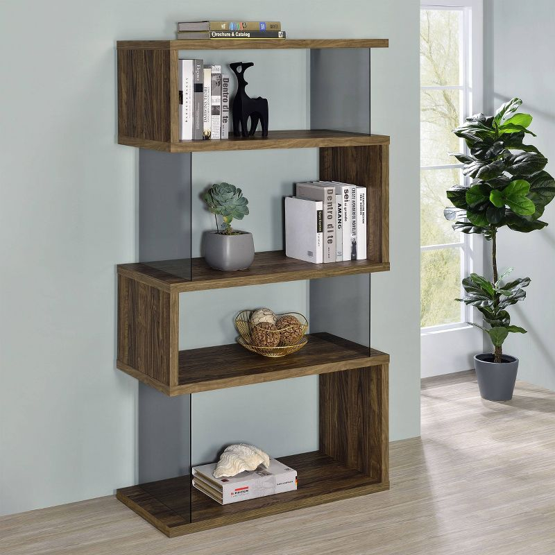 63" Emelle 4 Shelf Zig Zag Bookcase with Glass Panels Walnut - Coaster: Modern Laminated Storage Display