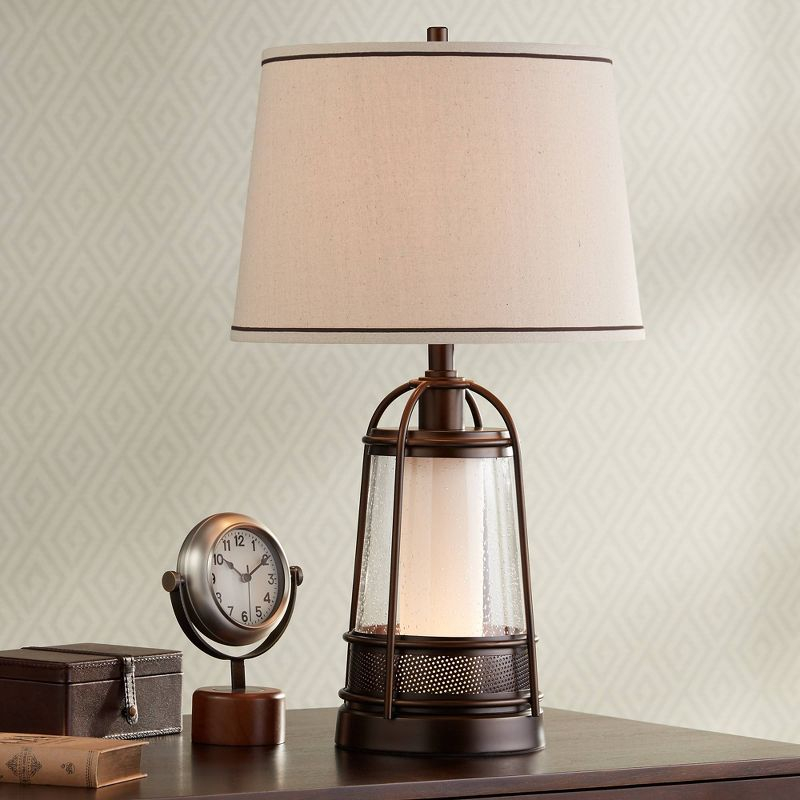 Franklin Iron Works Hugh Industrial Rustic Table Lamp 26" High Bronze Metal Seeded Glass with LED Nightlight Off White Shade for Bedroom Living Room