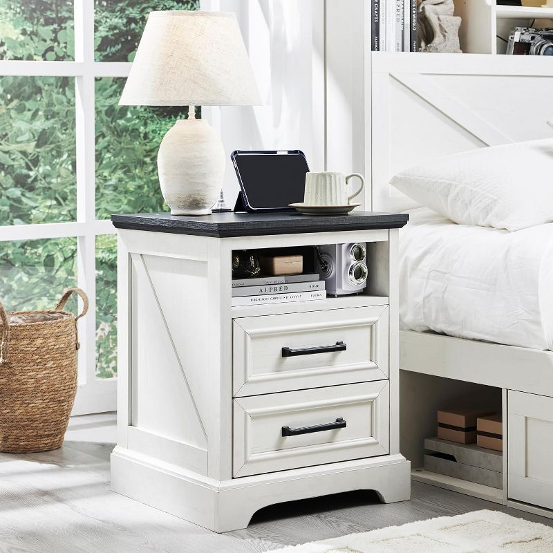 18" Farmhouse Nightstand with Charging Station, End Table with 2 Drawers Storage for Bedroom, Living Room, White