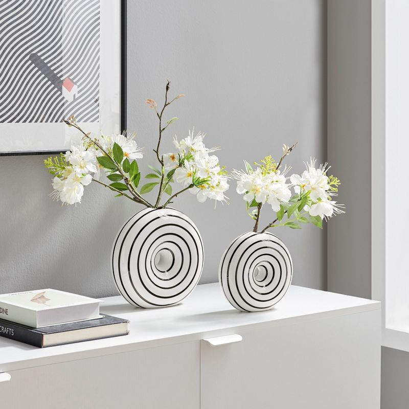 Danya B. Etta Two Piece Glossy Ceramic Black and White Striped Round Hollow Circle Donut Vase Set
