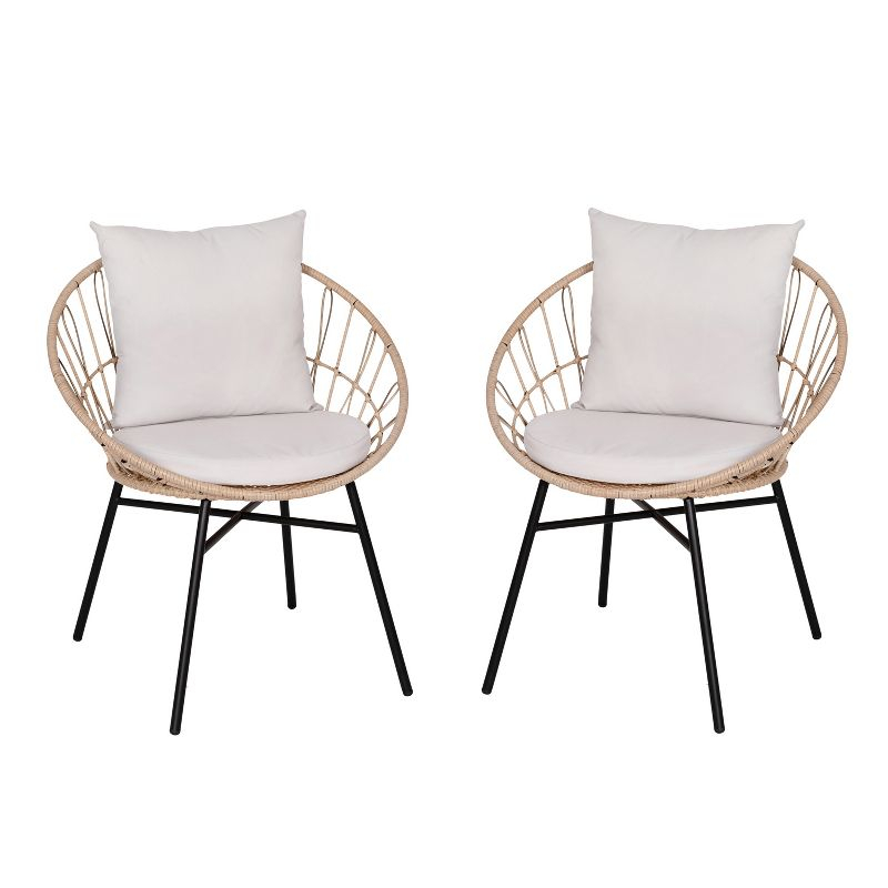 Flash Furniture Devon Set of 2 Indoor/Outdoor Modern Papasan Patio Chairs, Rope with Tan Finish PE Wicker Rattan and Light Gray Cushions