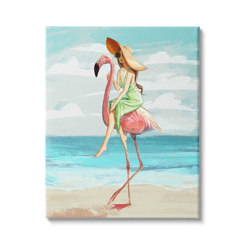 Stupell Industries Beach Woman Riding Pink Flamingo Tall Tropical Bird Gallery Wrapped Canvas Wall Art, 30 x 40