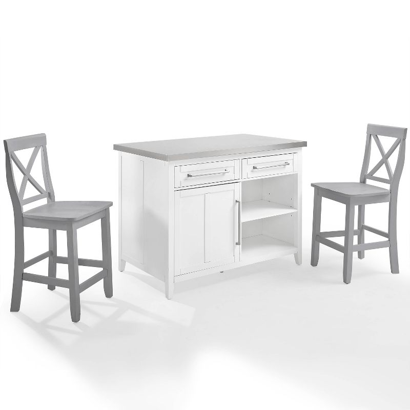 Silvia Stainless Steel Top Kitchen Island with X Back Stools White/Gray - Crosley