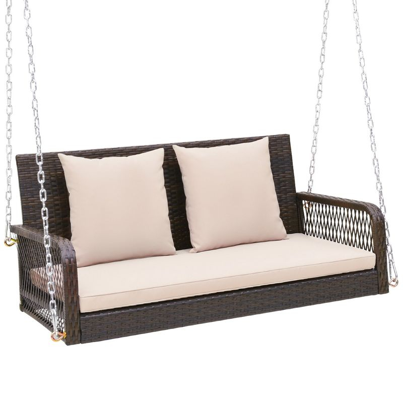 Tangkula Wicker Outdoor Porch Swing 800 LBS Capacity Outdoor Swing Bench w/ Hanging Chains Beige