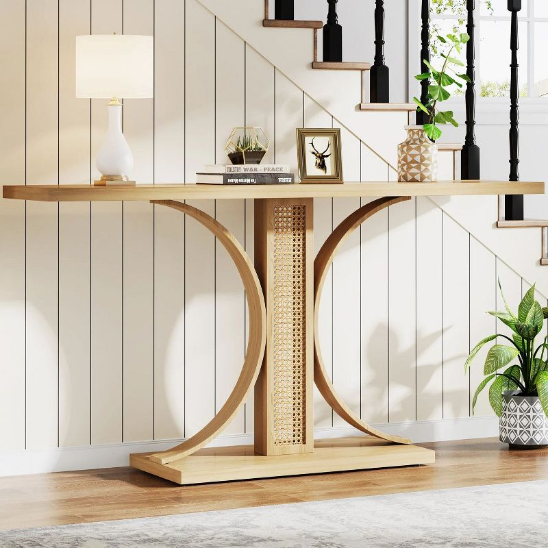 Tribesigns 55 Inches Rattan Console Table, Farmhouse Hallway Table, Light Brown