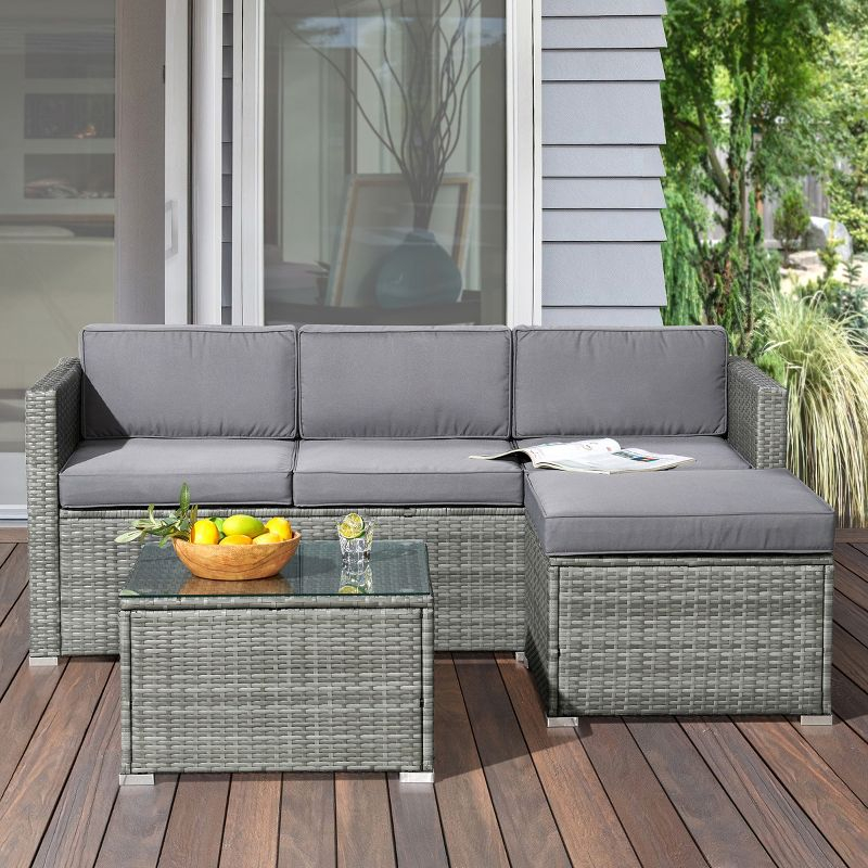 Patio Furniture Set – 3-Piece Rattan Outdoor Sofa, Ottoman, and Table Combo for Deck, Pool, Sunroom or Backyard Furniture by Lavish Home (Gray/Blue)