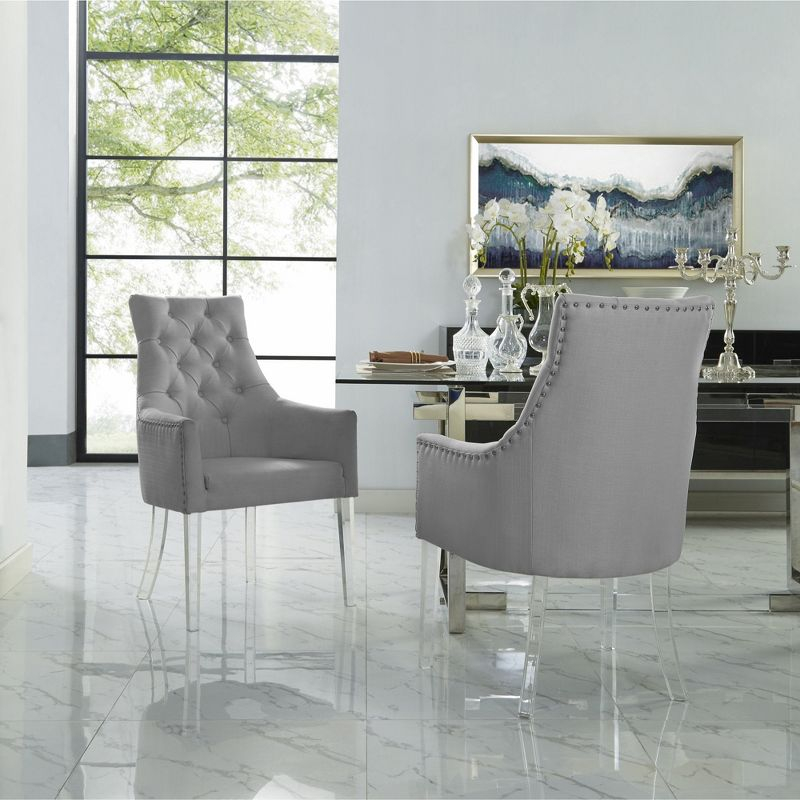 Inspired Home Marilyn Linen Button Tufted Swoop Arm Acrylic Leg Dining Chair (Set of 2), Light Grey