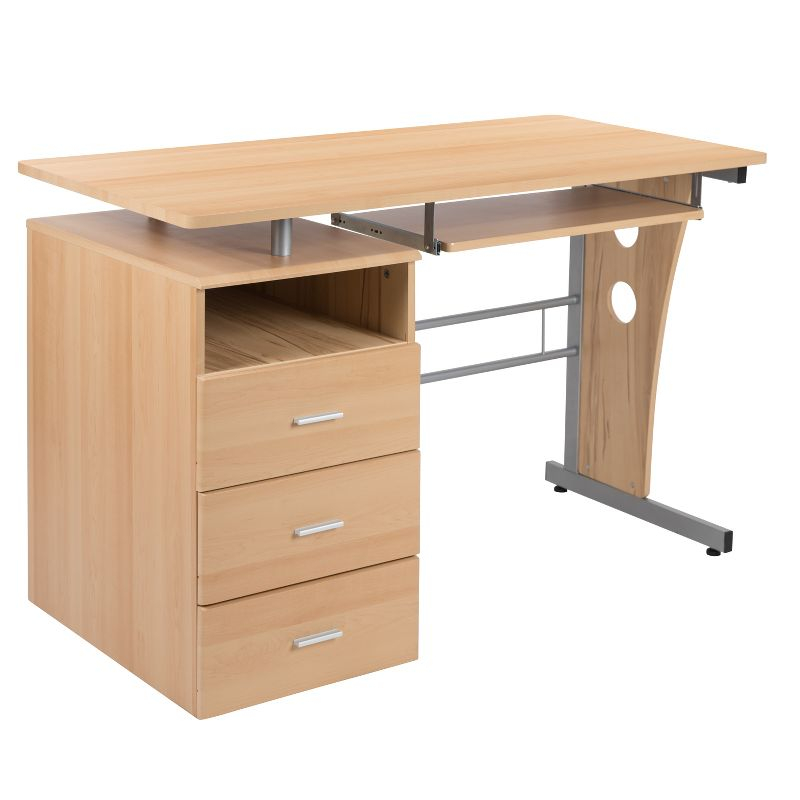 Emma and Oliver Maple Desk with Three Drawer Single Pedestal and Pull-Out Keyboard Tray