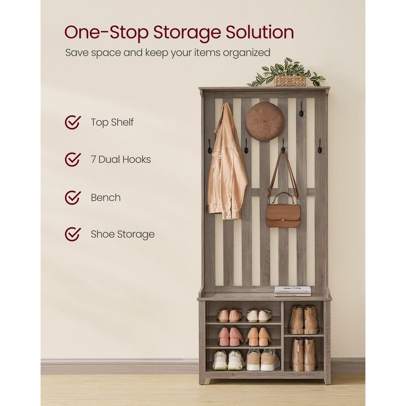 VASAGLE Hall Tree with Bench and Shoe Storage, Coat Rack with Shoe Bench, 7 Double Hooks for Jackets, 13.8 x 31.9 x 70.9 Inches, Heather Greige