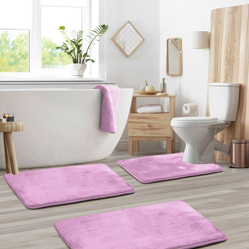 Hearth & Harbor 3 Piece Bathroom Rugs Bath Mat Set, Non-Slip Velvet Memory Foam Bath Mats, Lavender Dream