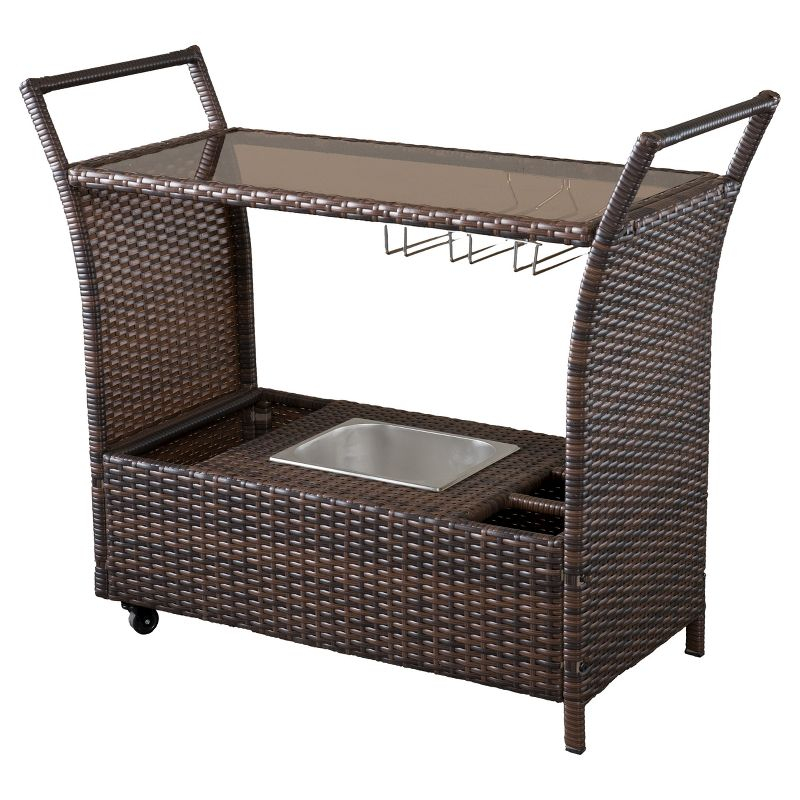 GDFStudio Lourdes Outdoor Wicker and Aluminum Serving Bar Cart, Multibrown