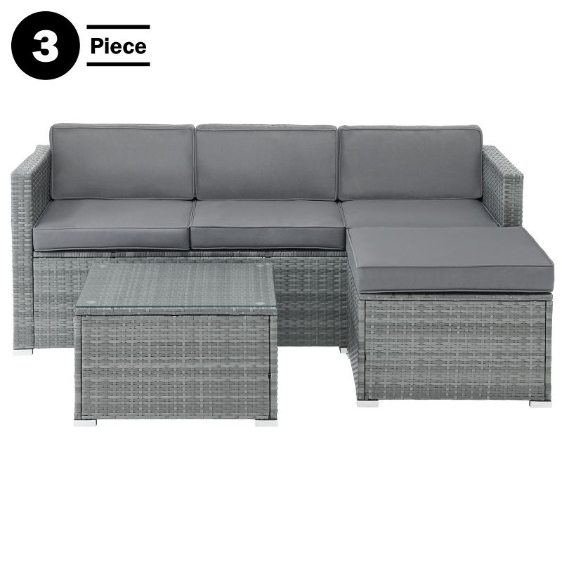 Patio Furniture Set – 3-Piece Rattan Outdoor Sofa, Ottoman, and Table Combo for Deck, Pool, Sunroom or Backyard Furniture by Lavish Home (Gray/Blue)