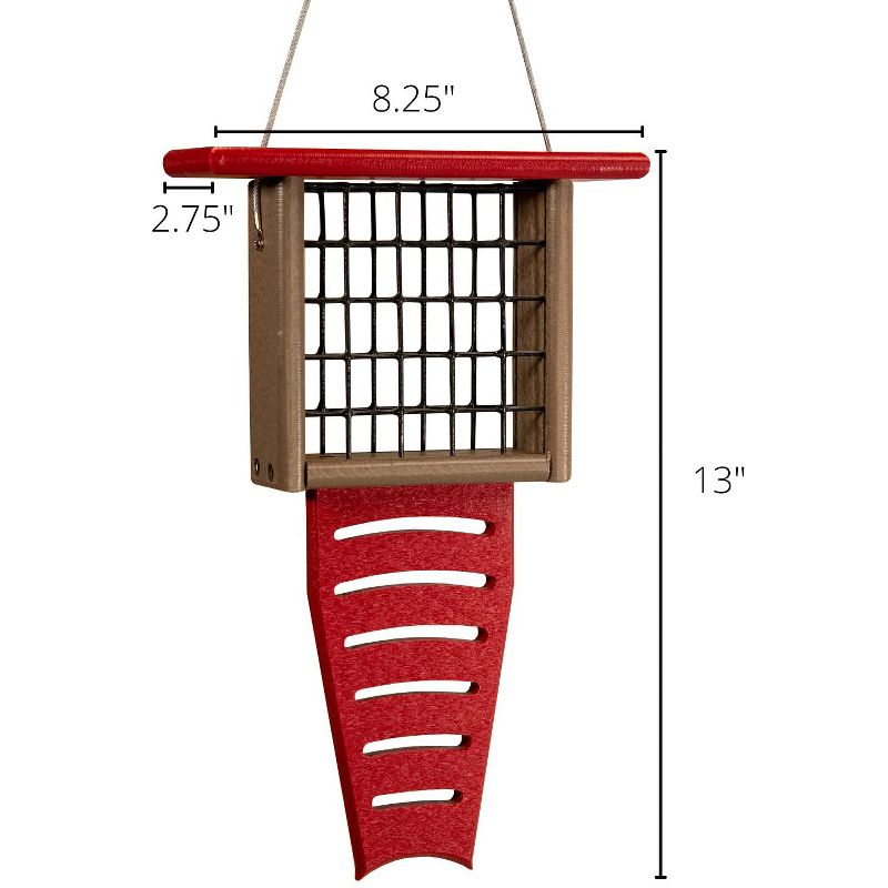 JCs Wildlife Red/Tan Recycled Poly Lumber Single Suet Feeder Tail Prop Bird Feeder - Holds 1 Suet Cake - Long Lasting Suet Cage Feeder