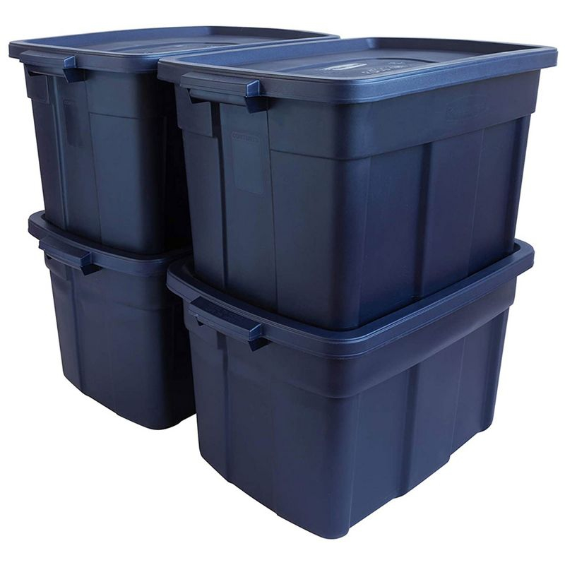 Rubbermaid Roughneck 25 Gallon Rugged Stackable Storage Container with Tight Lid for Indoor or Outdoor Home Organization, Dark Indigo Metallic, 4 Pack