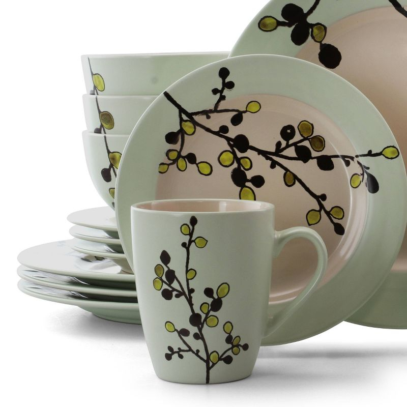 16pc Stoneware Luxurious Olive Dinnerware Set Green - Elama: Microwave & Dishwasher Safe Dishware Set for 4