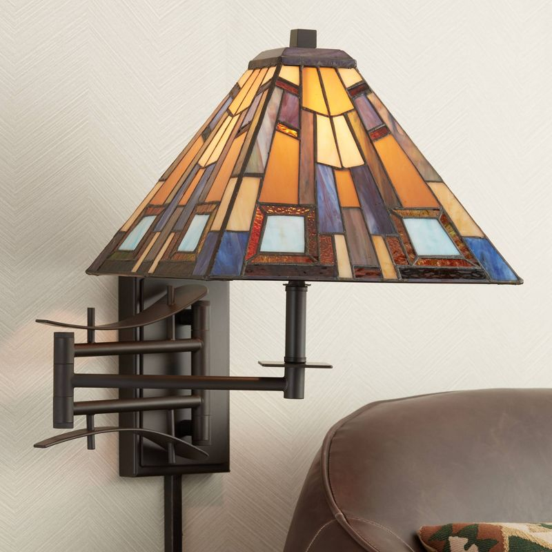 Robert Louis Tiffany Vintage Swing Arm Wall Lamp Plug-in Light Fixture Jewel Tone Stained Art Glass for Bedroom Bedside Living Room Reading Home House