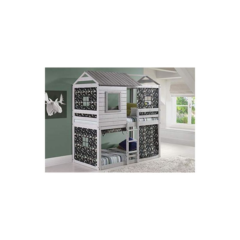 Donco Kids Deer Blind Cabin Twin Over Twin Rustic Grey Bunkbed with Green Camo Tent